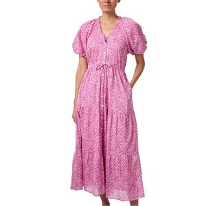 Anthropologie BANJANAN Poppy Dress Tile Sachet In Pink Multi Size L. NWT